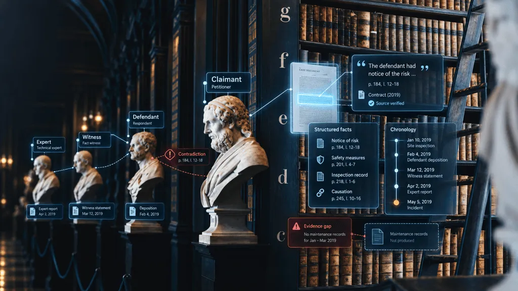 Bustes des parties et des témoins dans une bibliothèque, chacun relié par une ligne à son document, avec des faits structurés, une chronologie et une lacune probatoire dessinés à côté d’eux